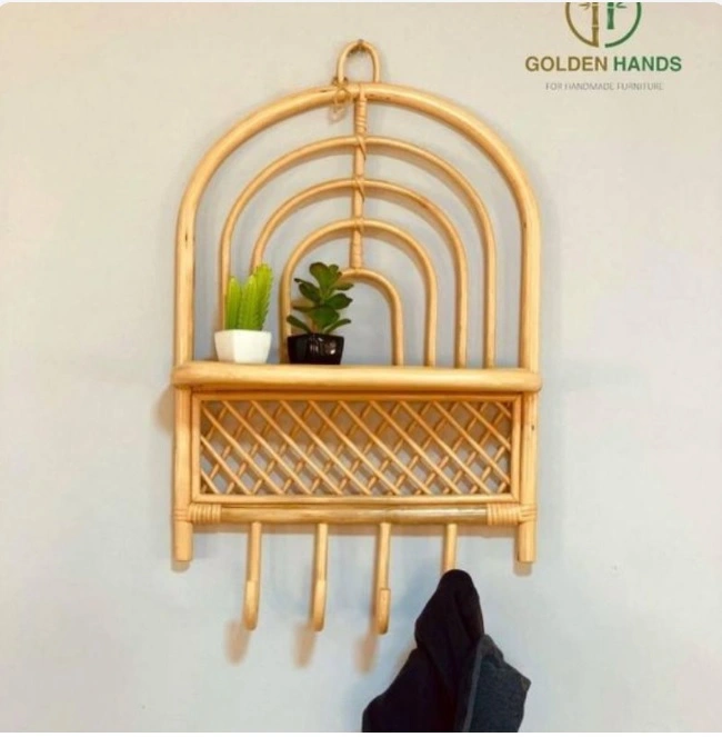 Rattan Wall Shelf with 4 clothes holds